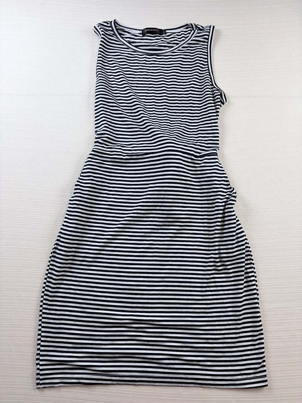 MEROKEETY Black and White Striped Sleeveless Tank Dress with Belt Size S